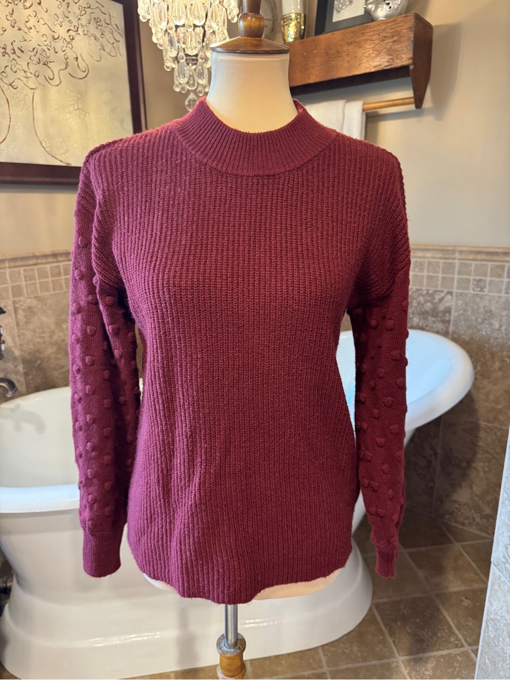 CeCe Burgundy Crewneck Sweater with Pom-Pom Sleeves size medium